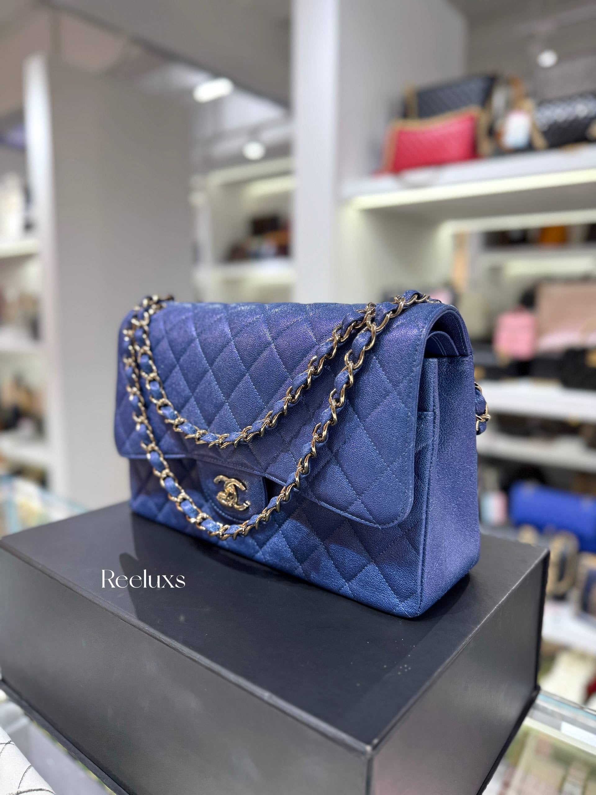 CHANEL Iridescent Caviar Quilted Leather Medium Classic Double Flap Bag Full Set