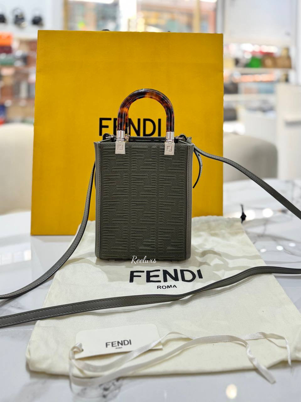FENDI Mini Tote Sunshine Canvas Khaki Shoulder Bag