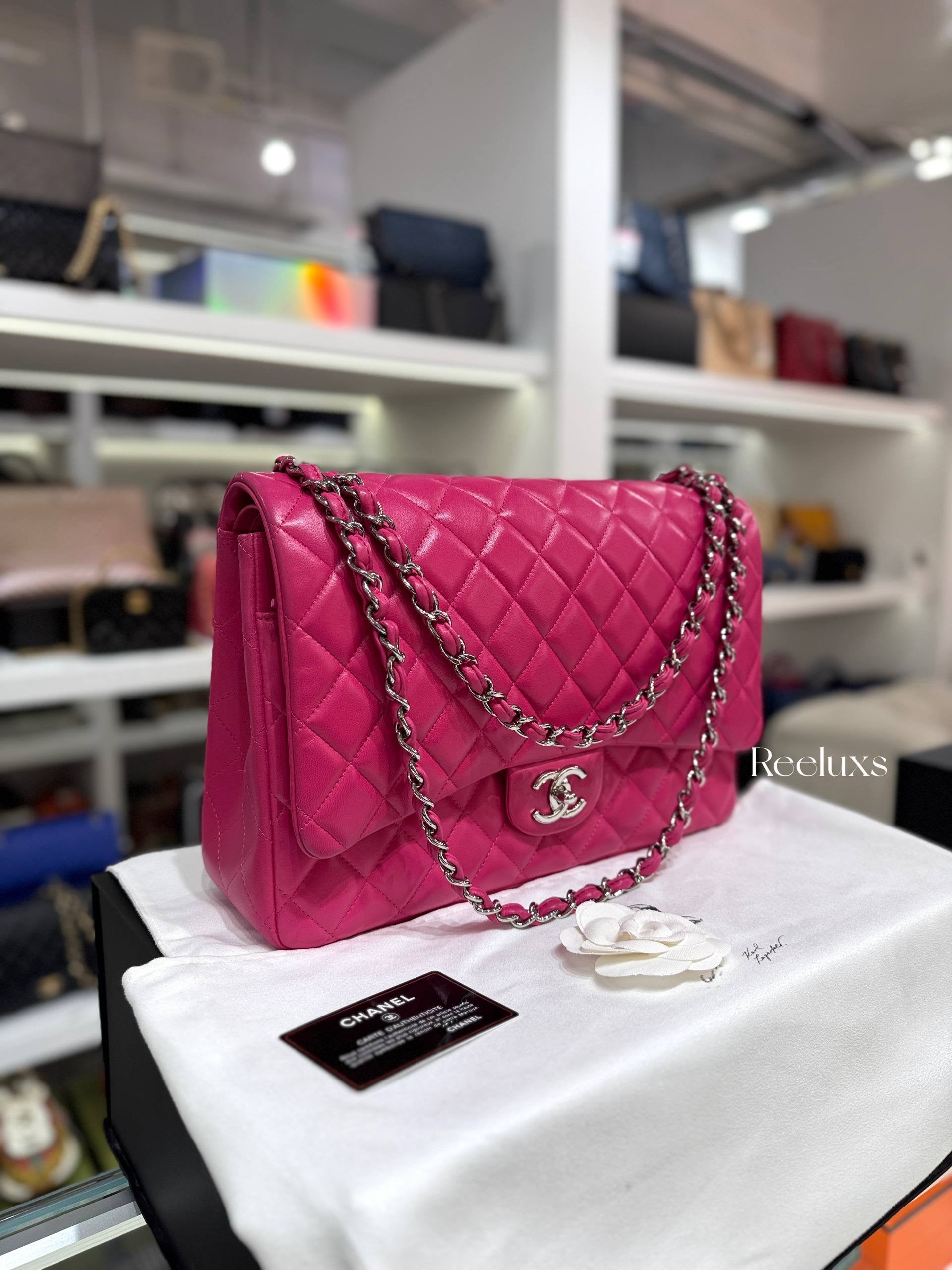 CHANEL Pink Quilted Lambskin Leather Classic Jumbo Double Flap Bag Full Set