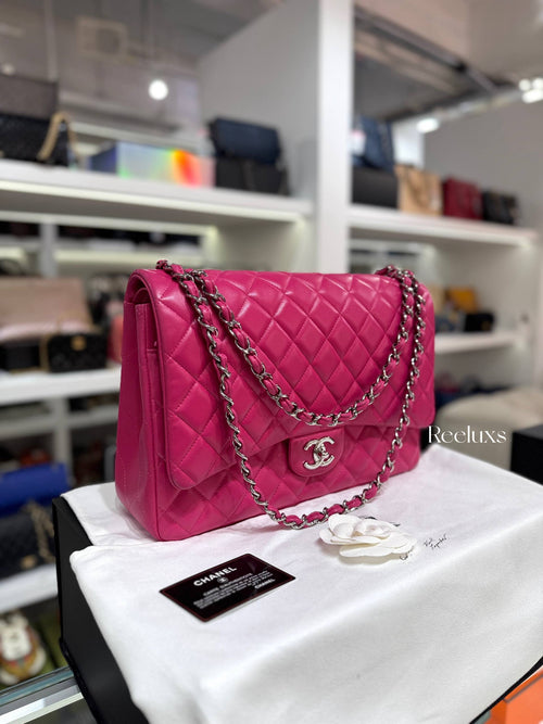 CHANEL Pink Quilted Lambskin Leather Classic Jumbo Double Flap Bag Full Set