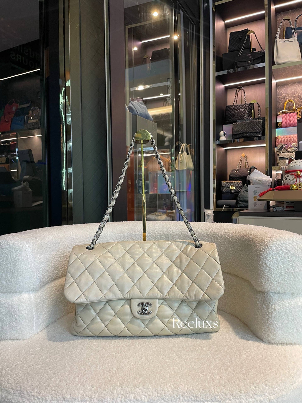 Chanel Beige Calfskin Quilted Easy Flap Bag