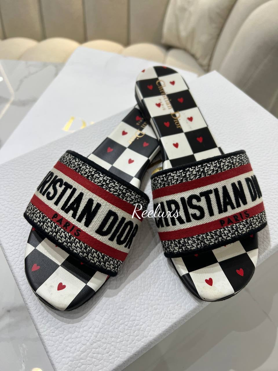 FULL SET  CHIRISTIAN DIOR Women Shoes Dway Dioramour Slide White Black Red D-Chess Heart Embroidered Cotton