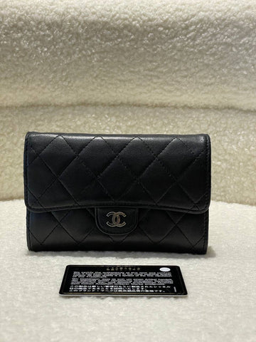 CHANEL Quilted Lambskin Flap Silver Hardware Long Wallet