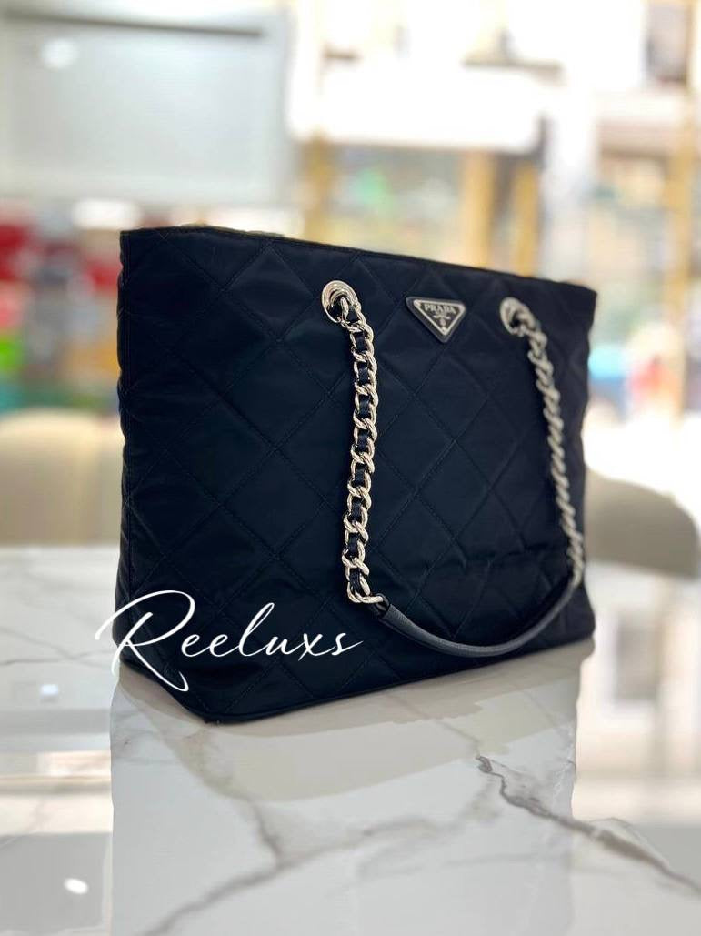 PRADA Black Quilted Tessuto Nylon Chain Shoulder Tote Handbag