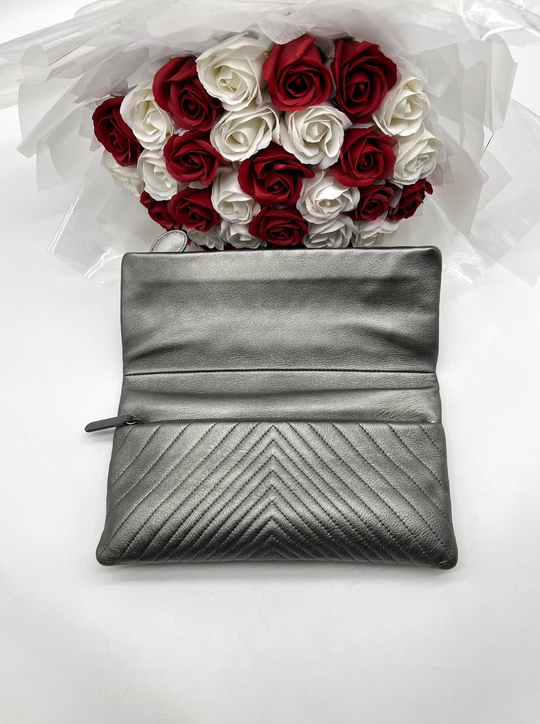 CHANEL CC Silver Metallic Flap Clutch - Reeluxs 