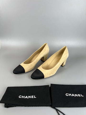 CHANEL Suede Satin Cap Toe Low Heel