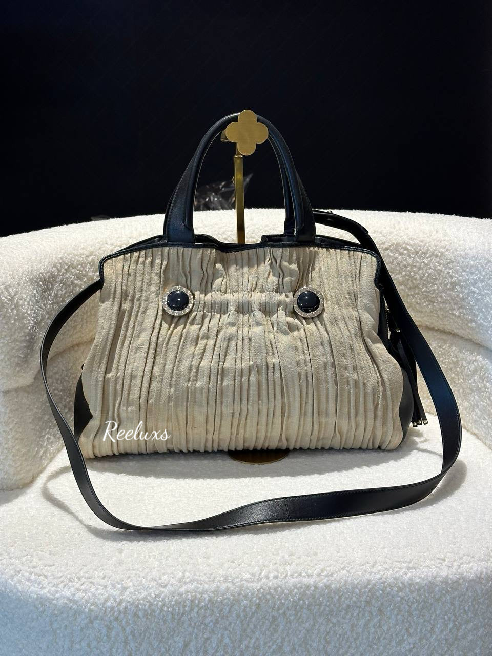 BVLGARI Black/ Beige Canvas And Leather Plisse Twist Shoulder Bag