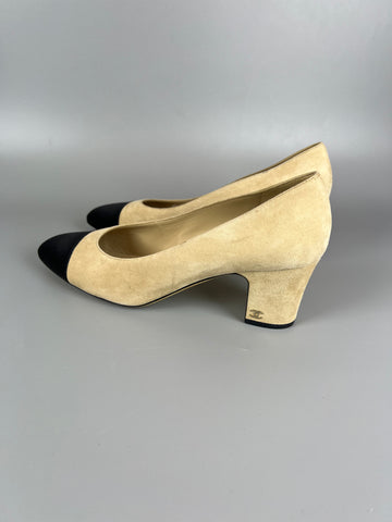 CHANEL Suede Satin Cap Toe Low Heel