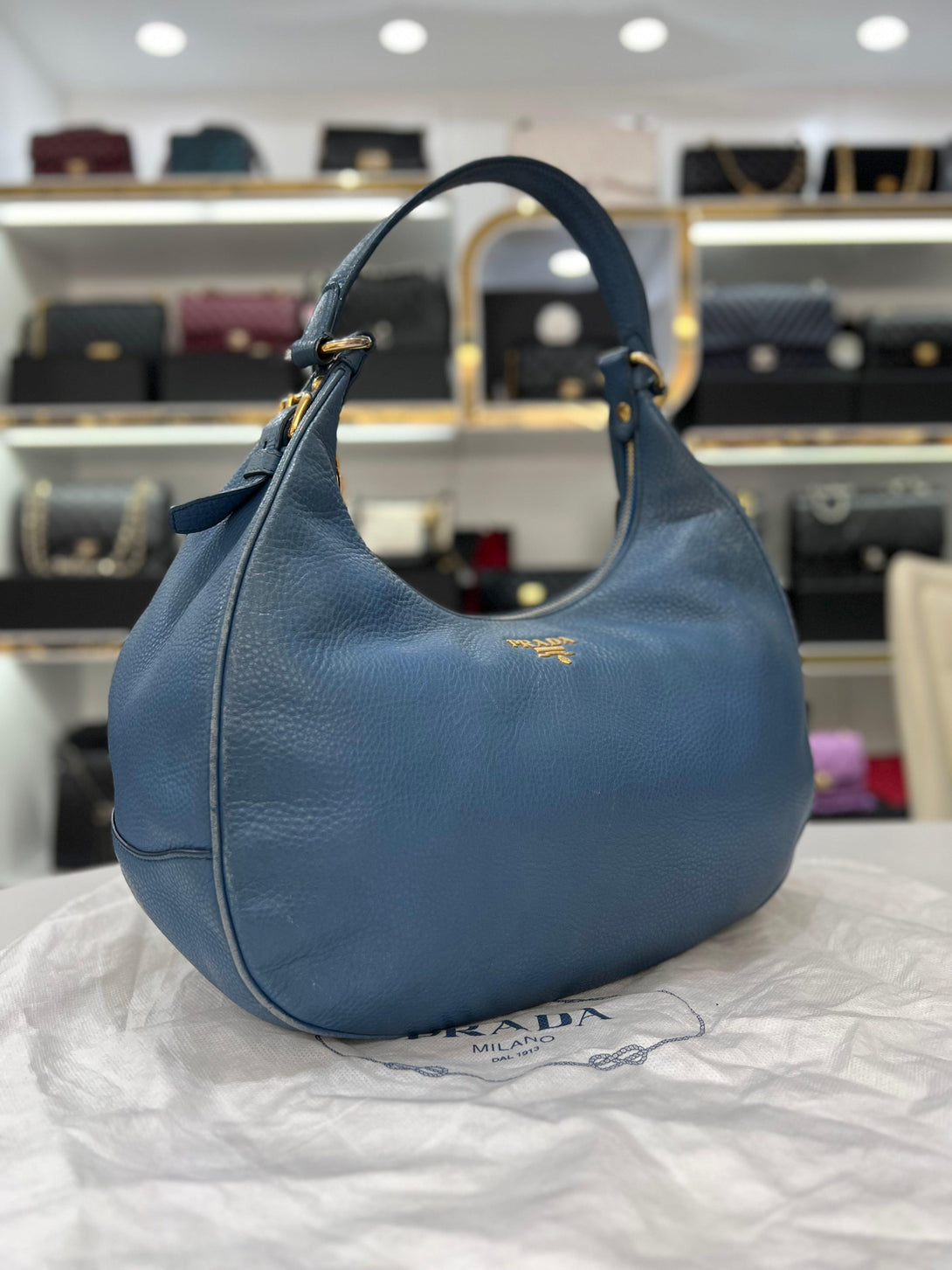 PRADA Blue Pebbled Leather Hobo Women Shoulder Bag - Reeluxs 