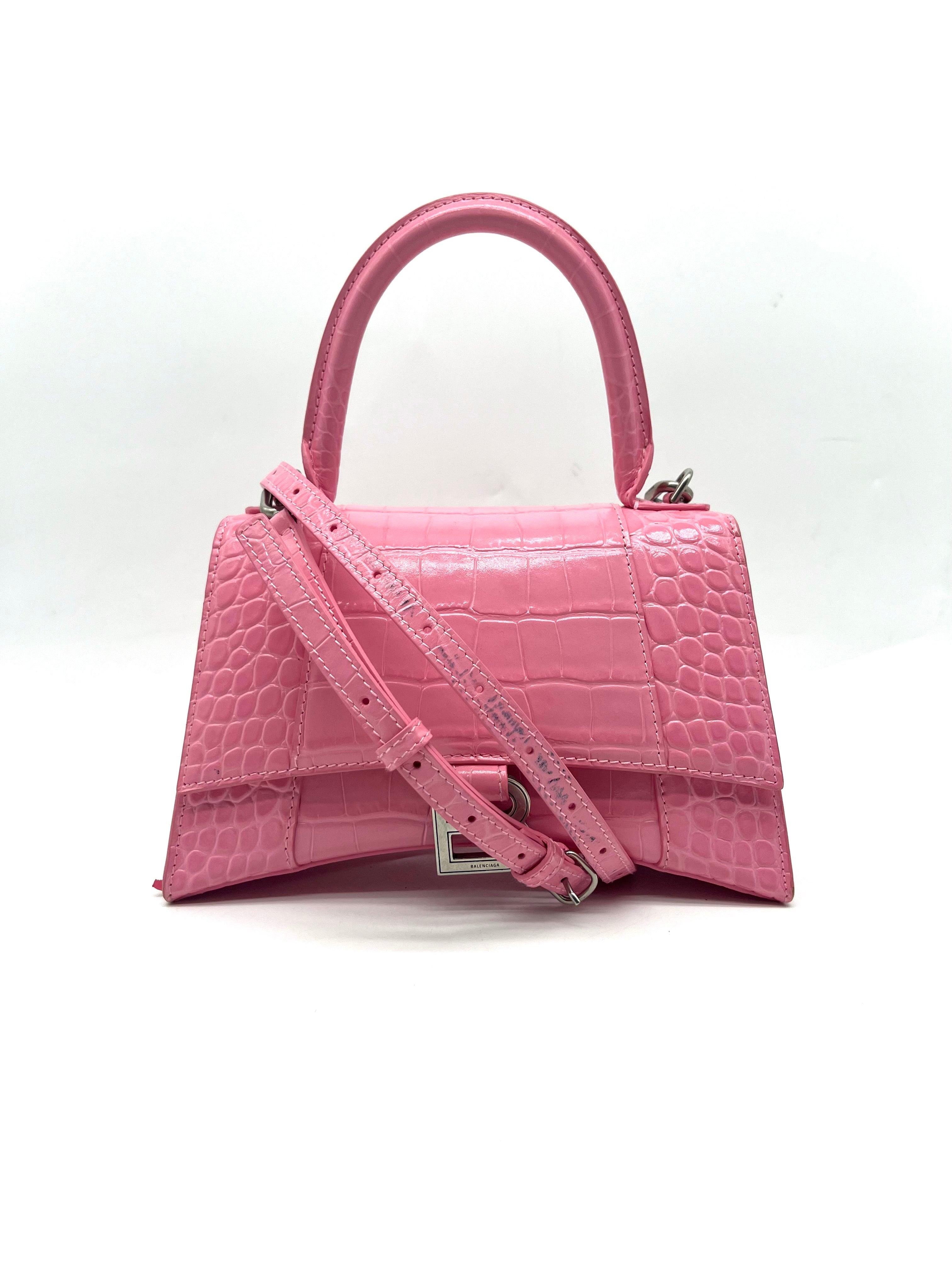 BALENCIAGA Hourglass Small Pink Crocodile top handle - Reeluxs 