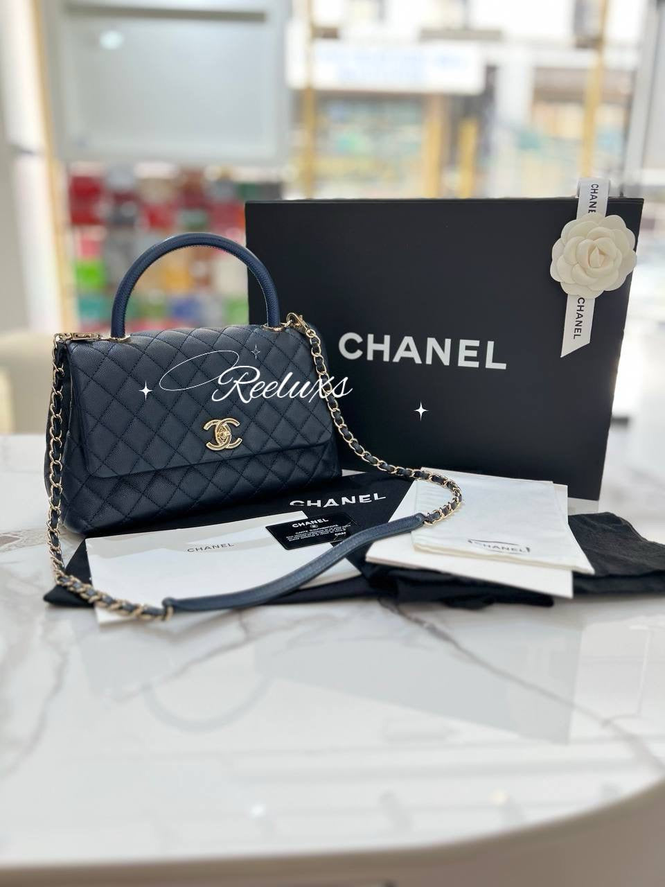 FULL SET CHANEL Coco Handle Bag In Navy Blue Quilted Caviar Leather