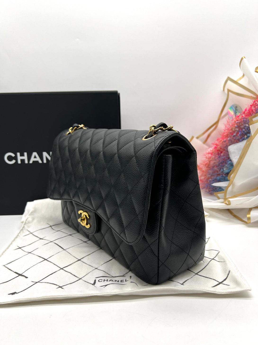 CHANEL Black Caviar Leather Jumbo Classic Double Flap Bag For Women Shoulder Bag - Reeluxs 