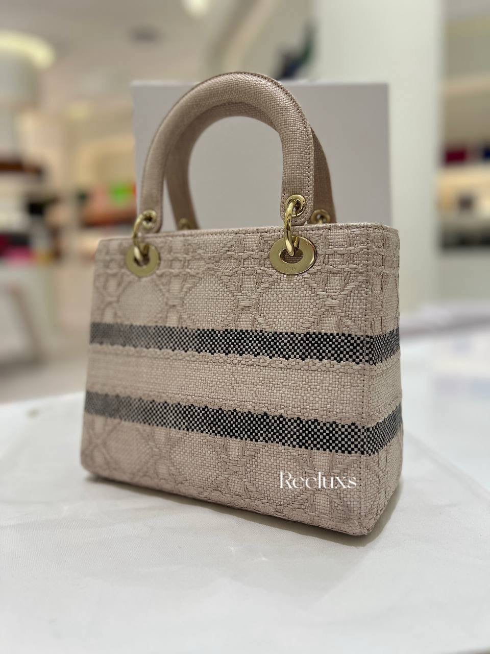 Lady D- Lite Bag Cannage Embroidered Raffia Medium