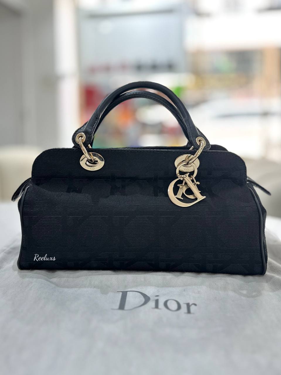 CHRISTIAN DIOR Cannage Handbag Tote Canvas Black Logo Charm