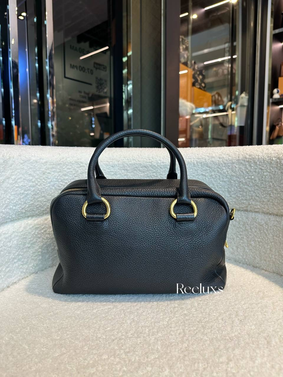 Prada Black Leather Stripe Strap Satchel Handbag