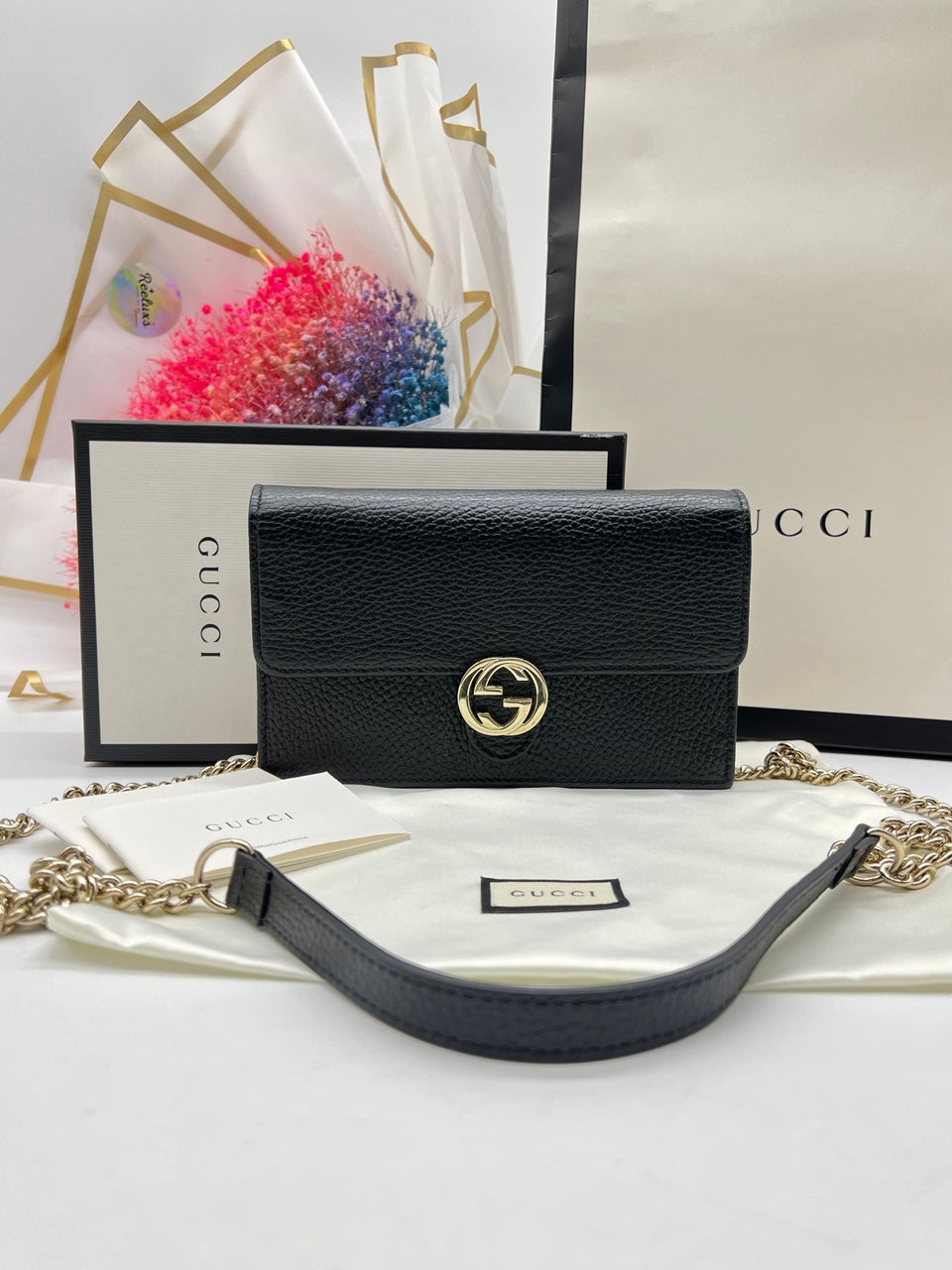 GUCCI Icon GG Interlocking Wallet On Chain Black Crossbody Bag 615523 Black - Reeluxs 