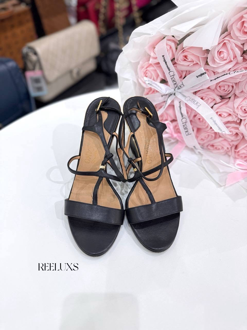 Salvatore Ferragamo Black Leather T-Strap Ankle Sandals