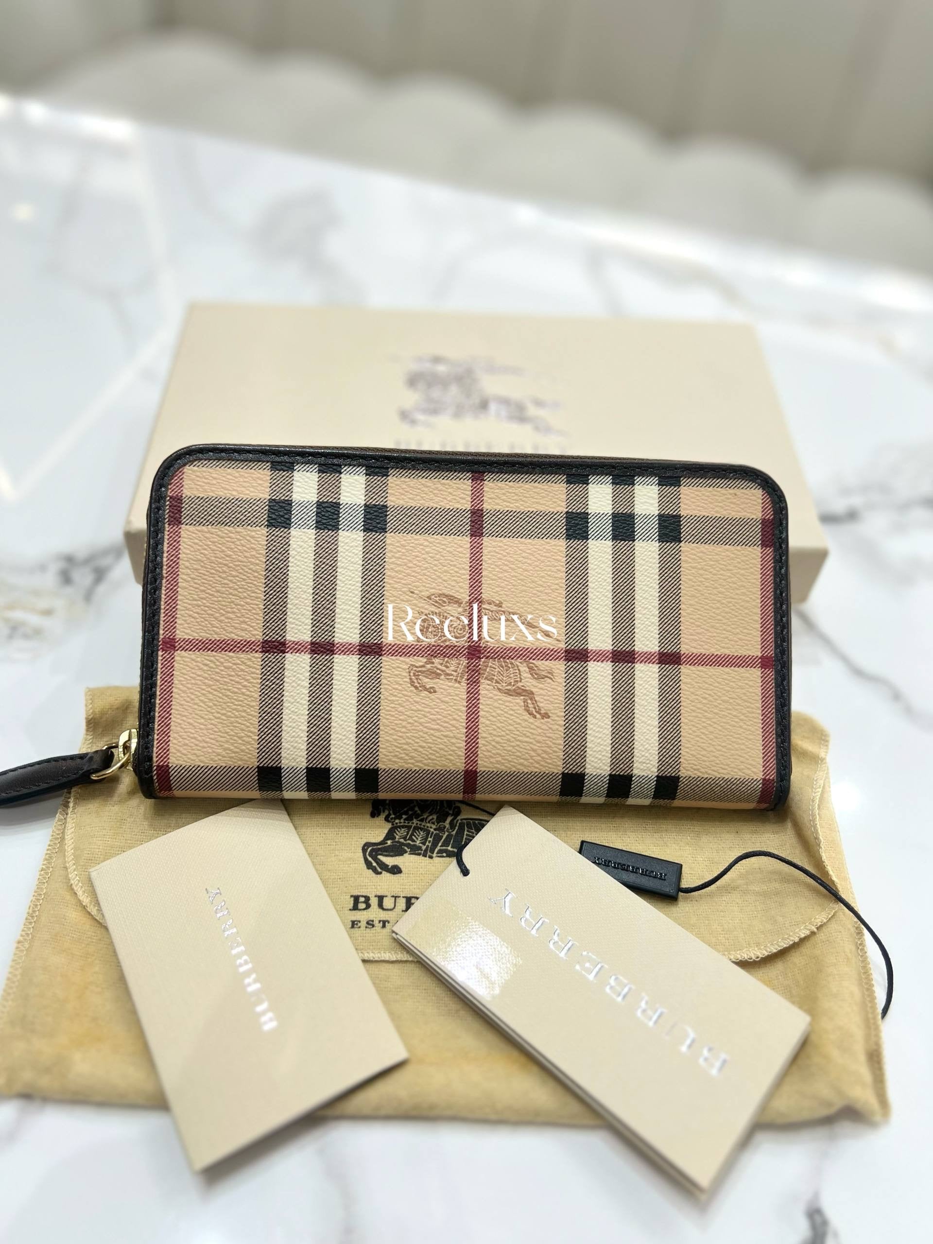 FullSet BURBERRY Brown Leather Haymarket Check Coated Canvas Zip Wallet