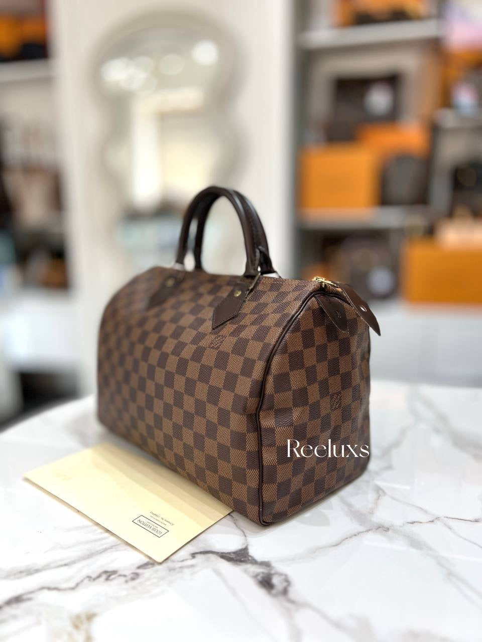Louis Vuitton LV Speedy 30 Brown Handle Bag With Gold Hardware