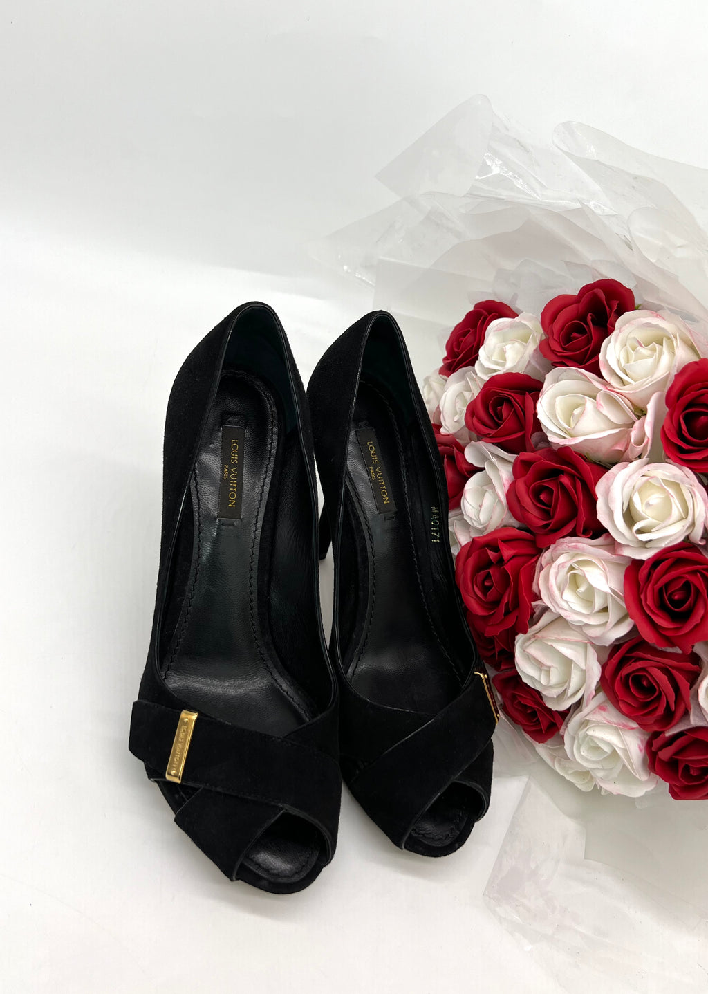 Louis Vuitton Black Nubuck Peep Toe Pumps Gold Logo Size 36 1/2 - Reeluxs 