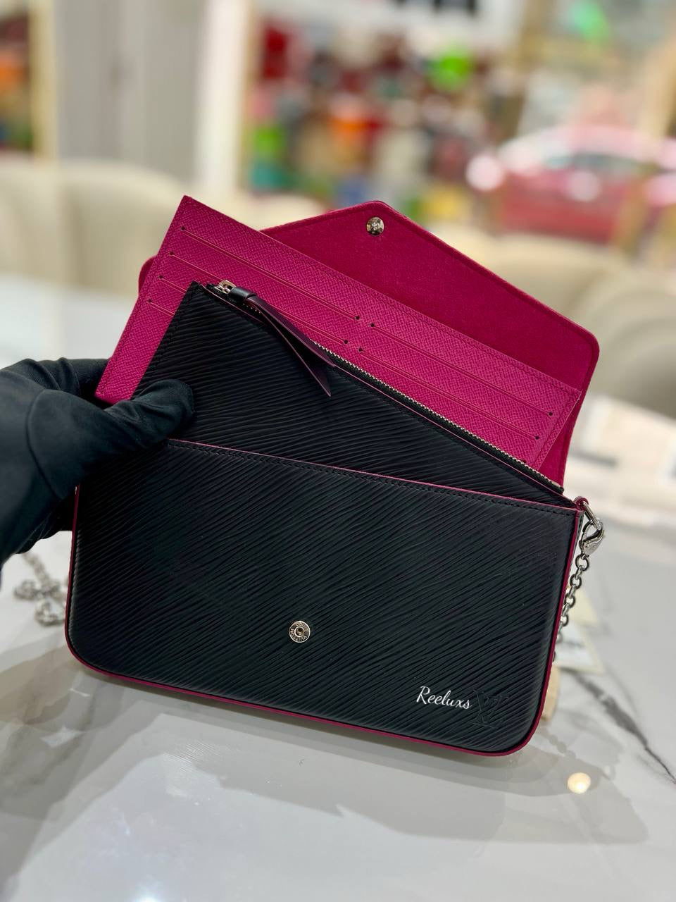 LOUIS VUITTON LV Pochette Felicie&nbsp; Epi Leather Noir Hot Pink Sling Bag