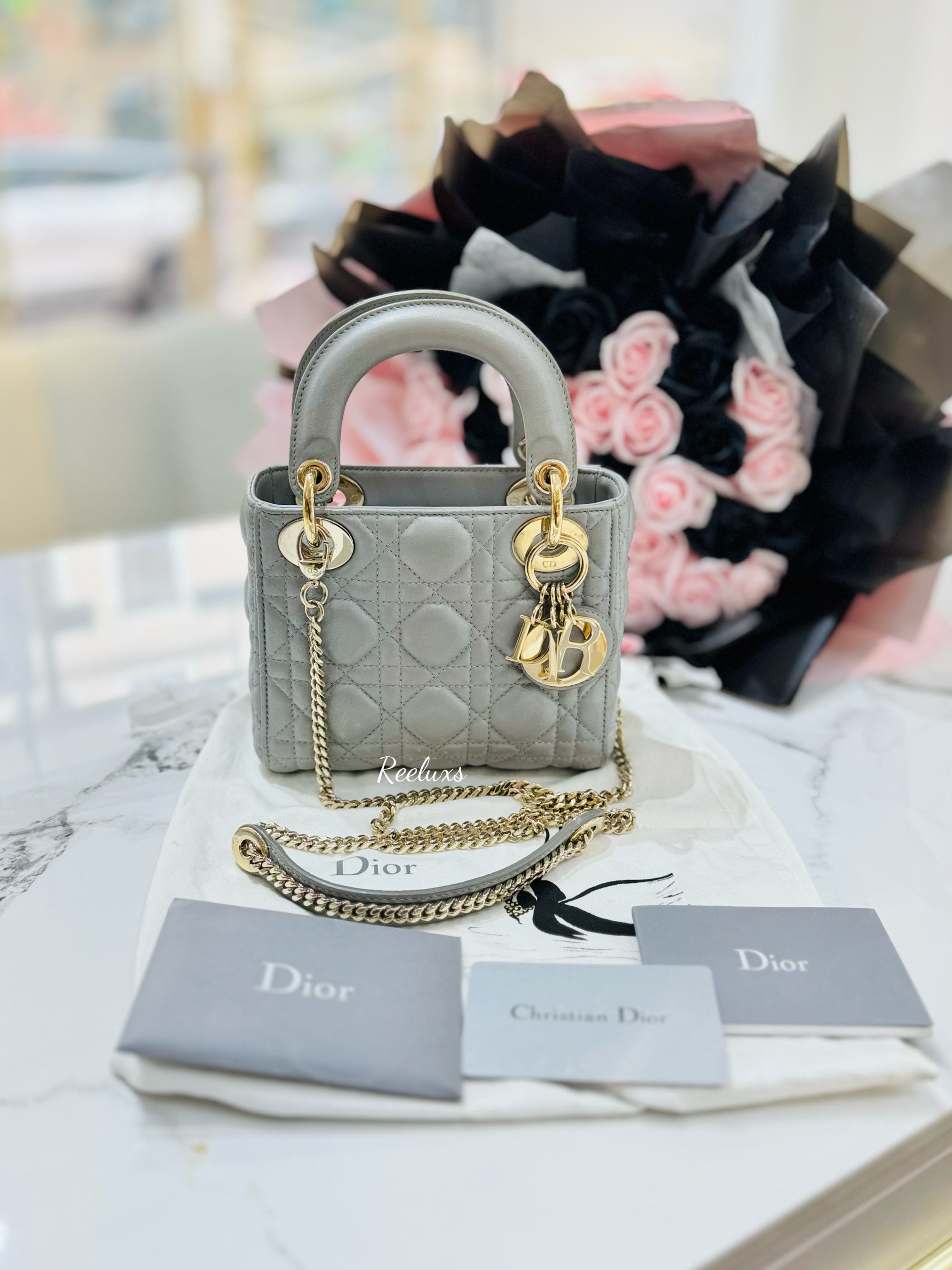 CHRISTIAN DIOR Mini Lady Dior Bag Opaline Gray Pearlescent Cannage Lambskin Shoulder Bag