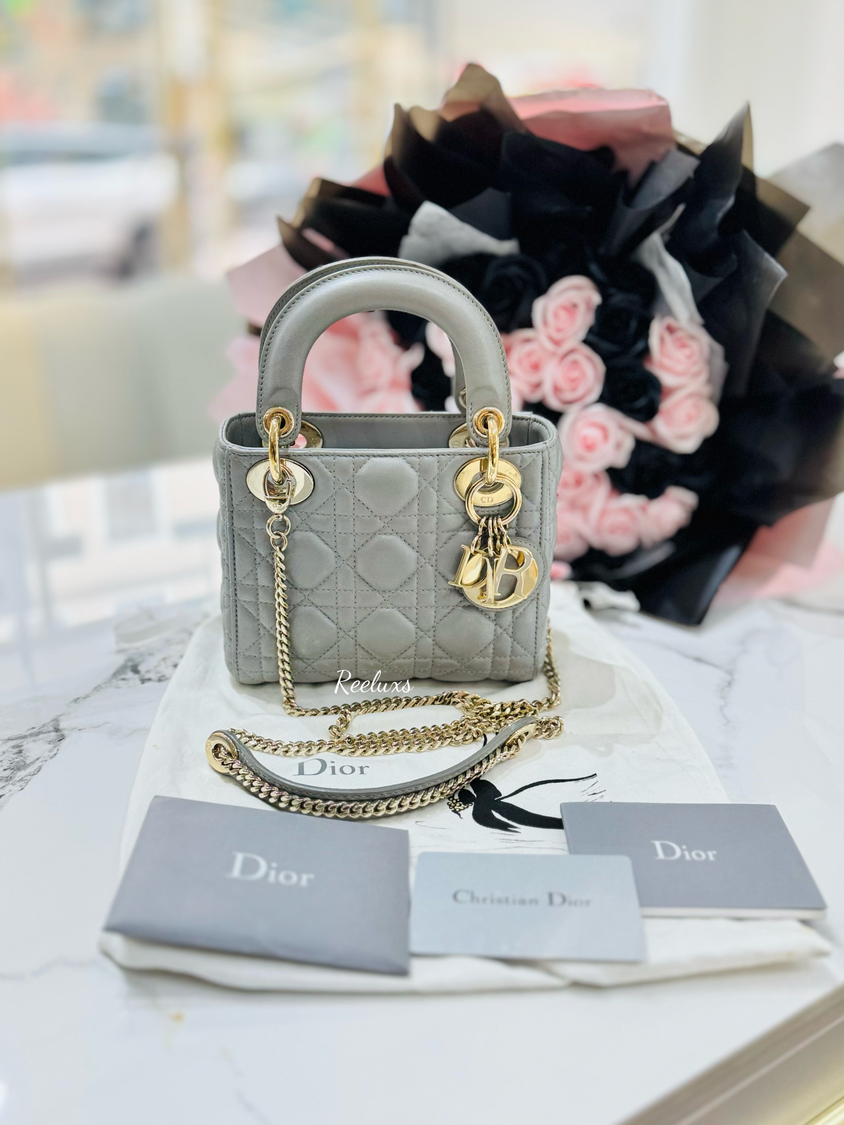 CHRISTIAN DIOR Mini Lady Dior Bag Opaline Gray Pearlescent Cannage Lambskin Shoulder Bag