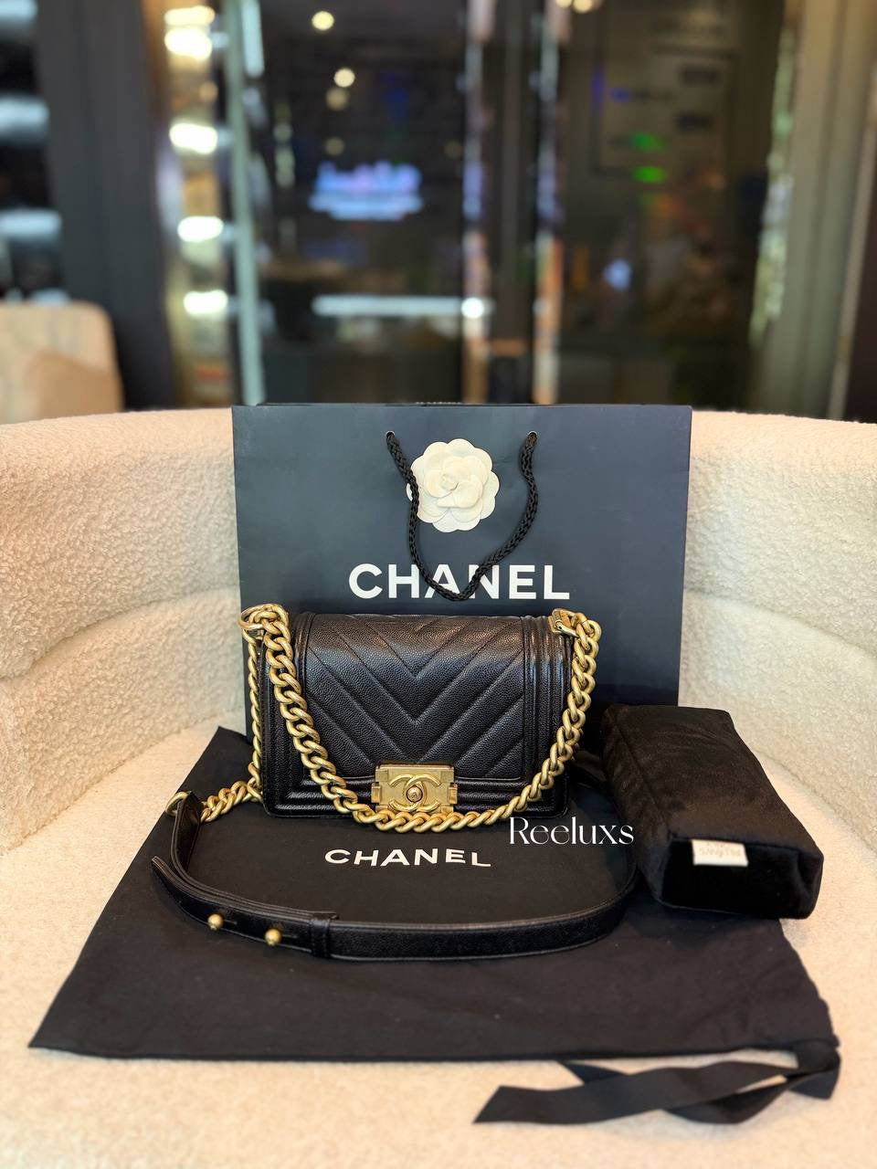 Chanel Small Boy Caviar Chevron Black