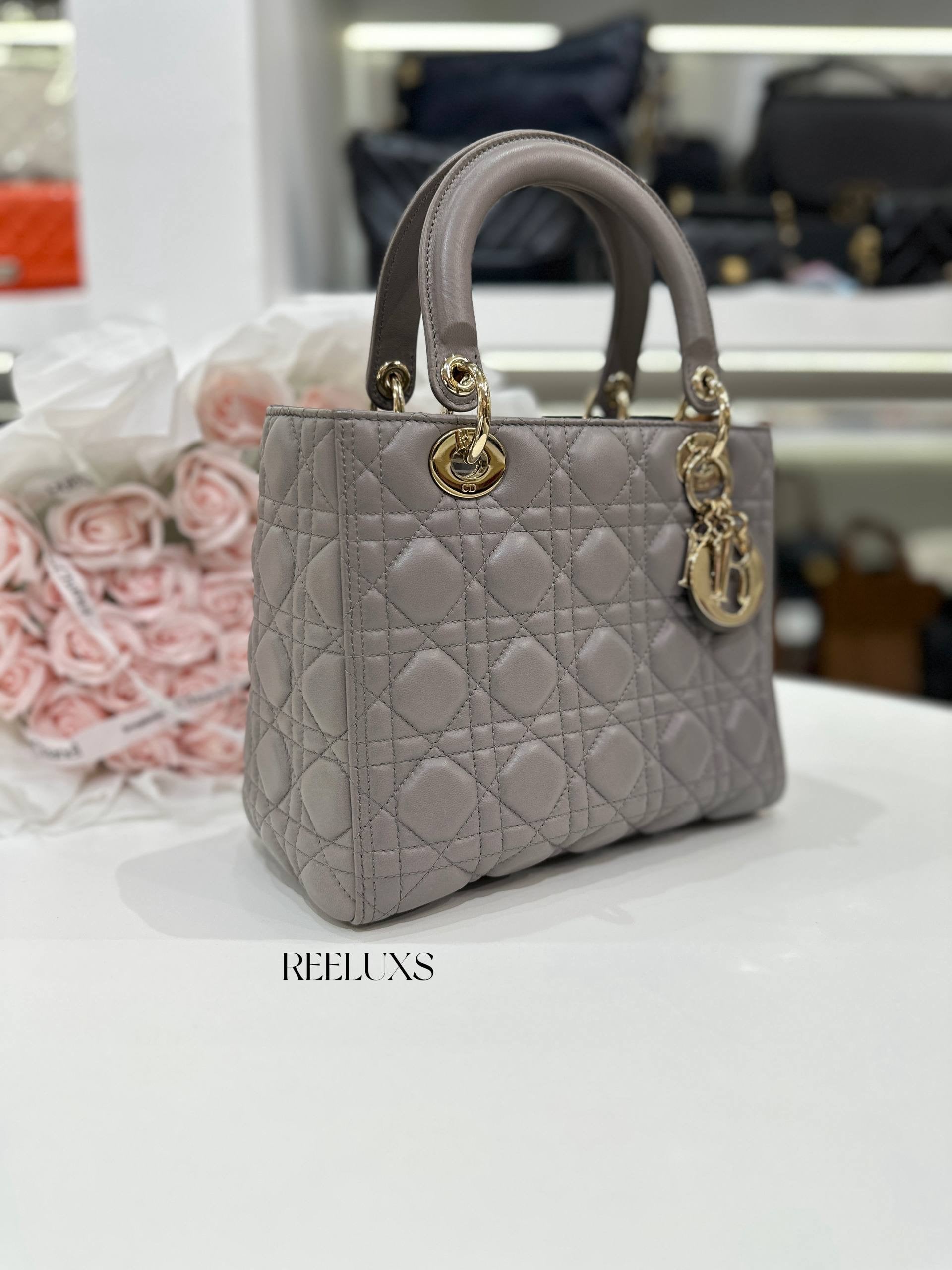 Medium Lady DIOR Bag in Grey Cannage Lambskin