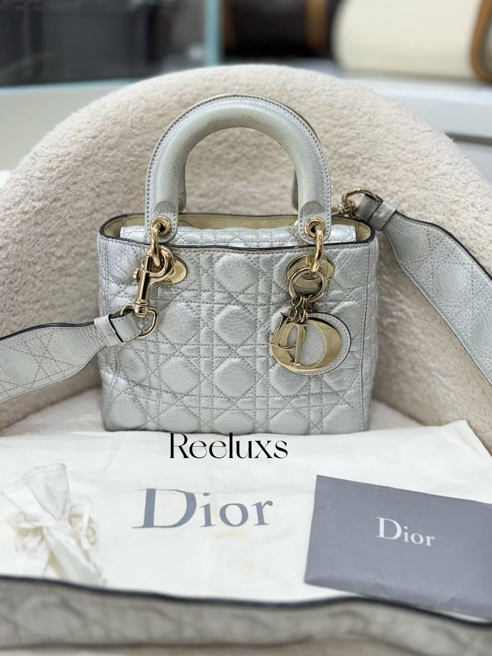CHRISTIAN DIOR Lady Dior Soft Bag In Silver Leather Handbag - Shoulder Bag