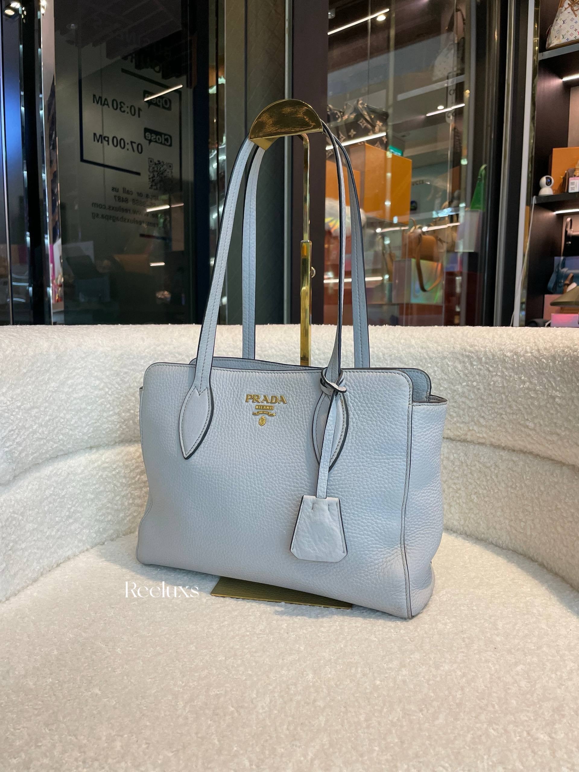 PRADA Phenix Open Tote in Grey Vitello Daino Leather Blue