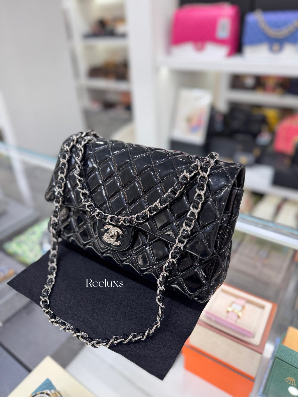 CHANEL Black Quilted Patent Leather Classic Medium Double Flap Bag