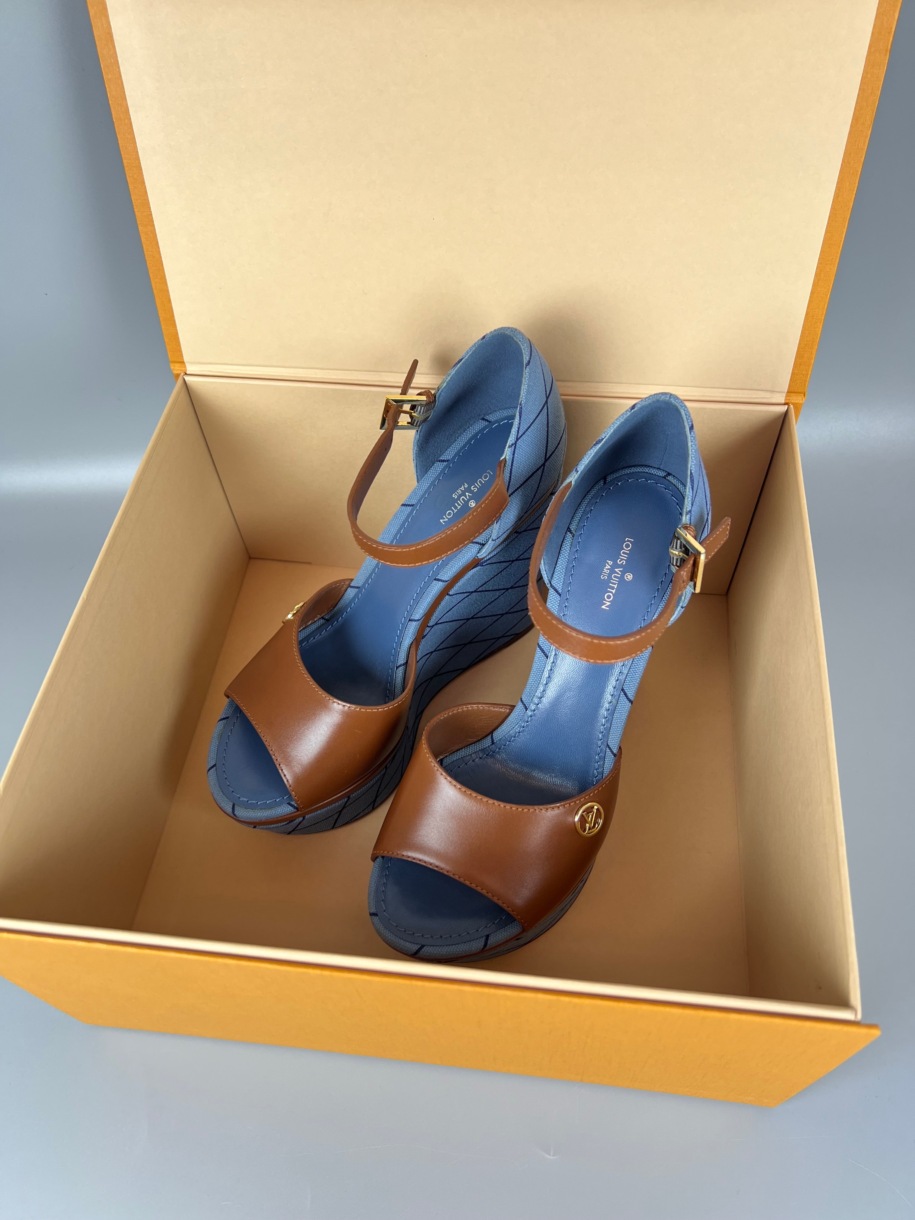 LOUIS VUITTON LV Denim Malletage Blossom Wedge Heels