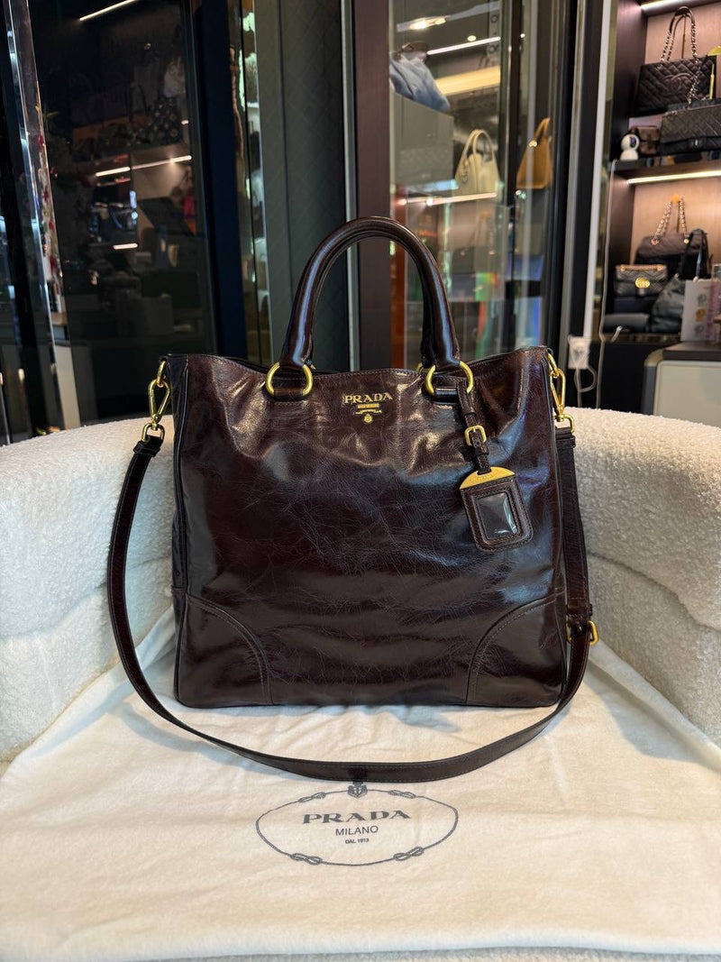 Prada Vitello Shine Tote Bag Brown Leather