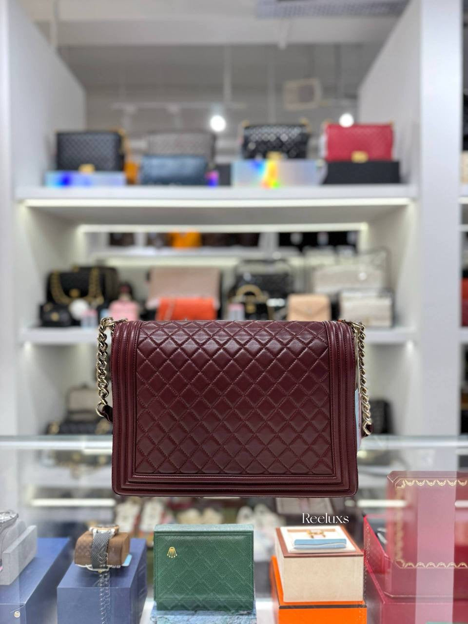 CHANEL Boy Flap Bag in Burgundy Quilted Leather with Gold-Tone Hardware