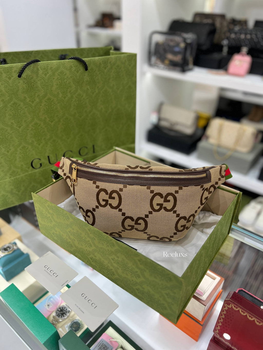 Full Set GUCCI Jumbo GG Belt Bag in Camel and Ebony Canvas