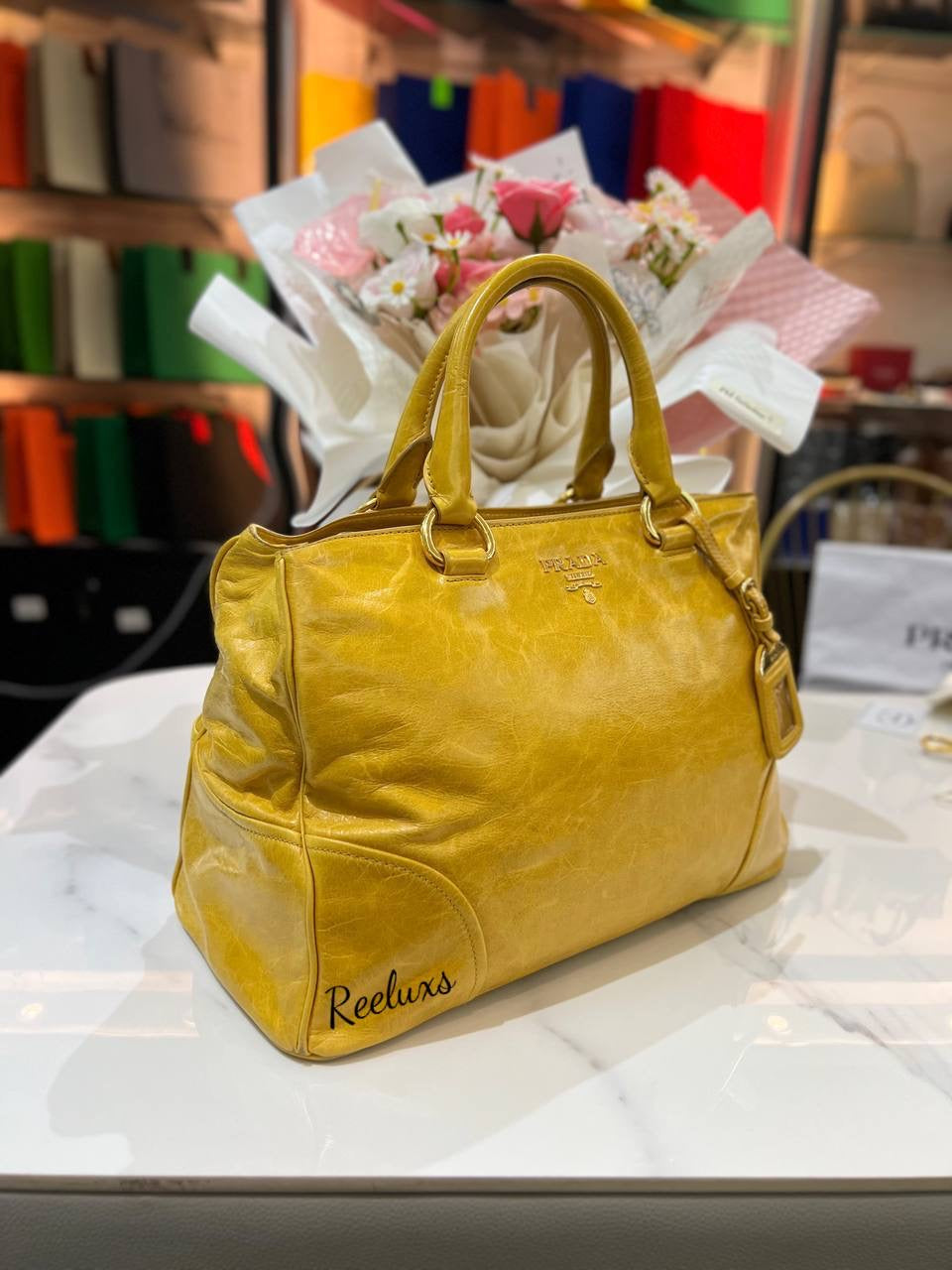 PRADA Yellow Vitello Shine Tote Hand Bag / Shoulder Bag ( 2- Way )