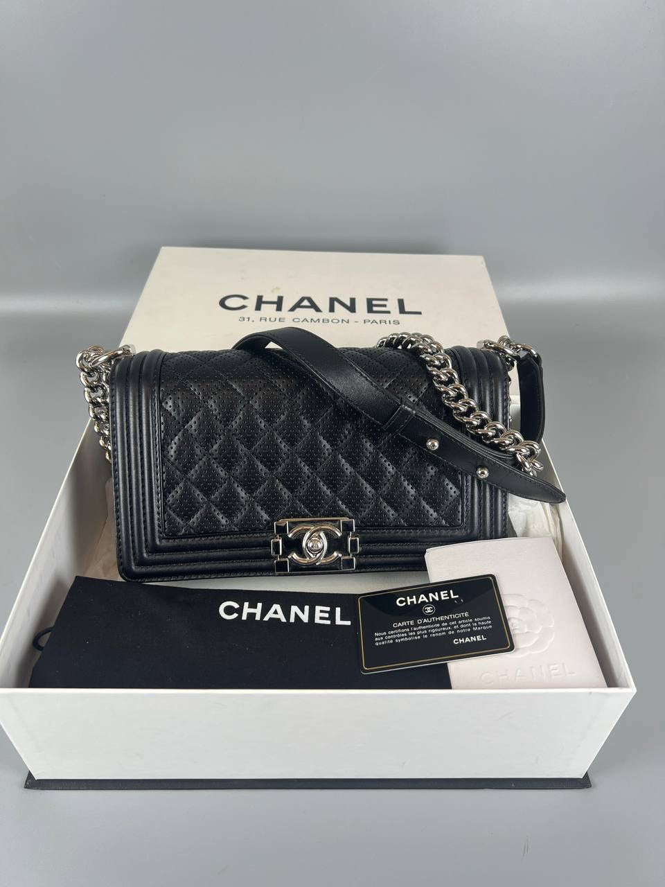 CHANEL Boy Perforated Quilted Lambskin Leboy Black&nbsp;SHW Slingbag