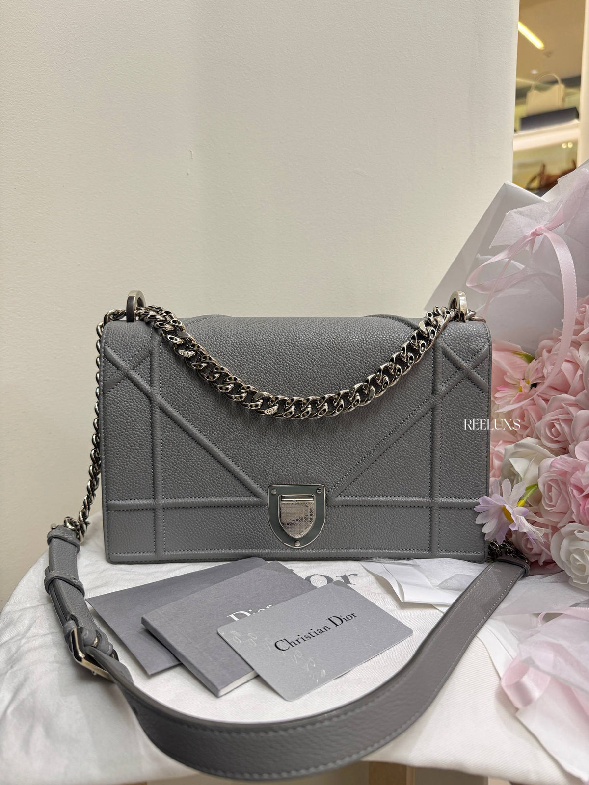 CHRISTIAN DIOR Diorama Flap Bag in Grey Grained Calfskin
