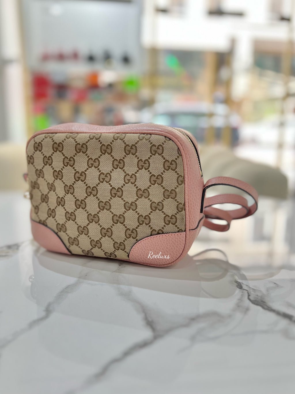 GUCCI Monogram Mini Bree Messenger Bag Beige Soft Pink For Lady
