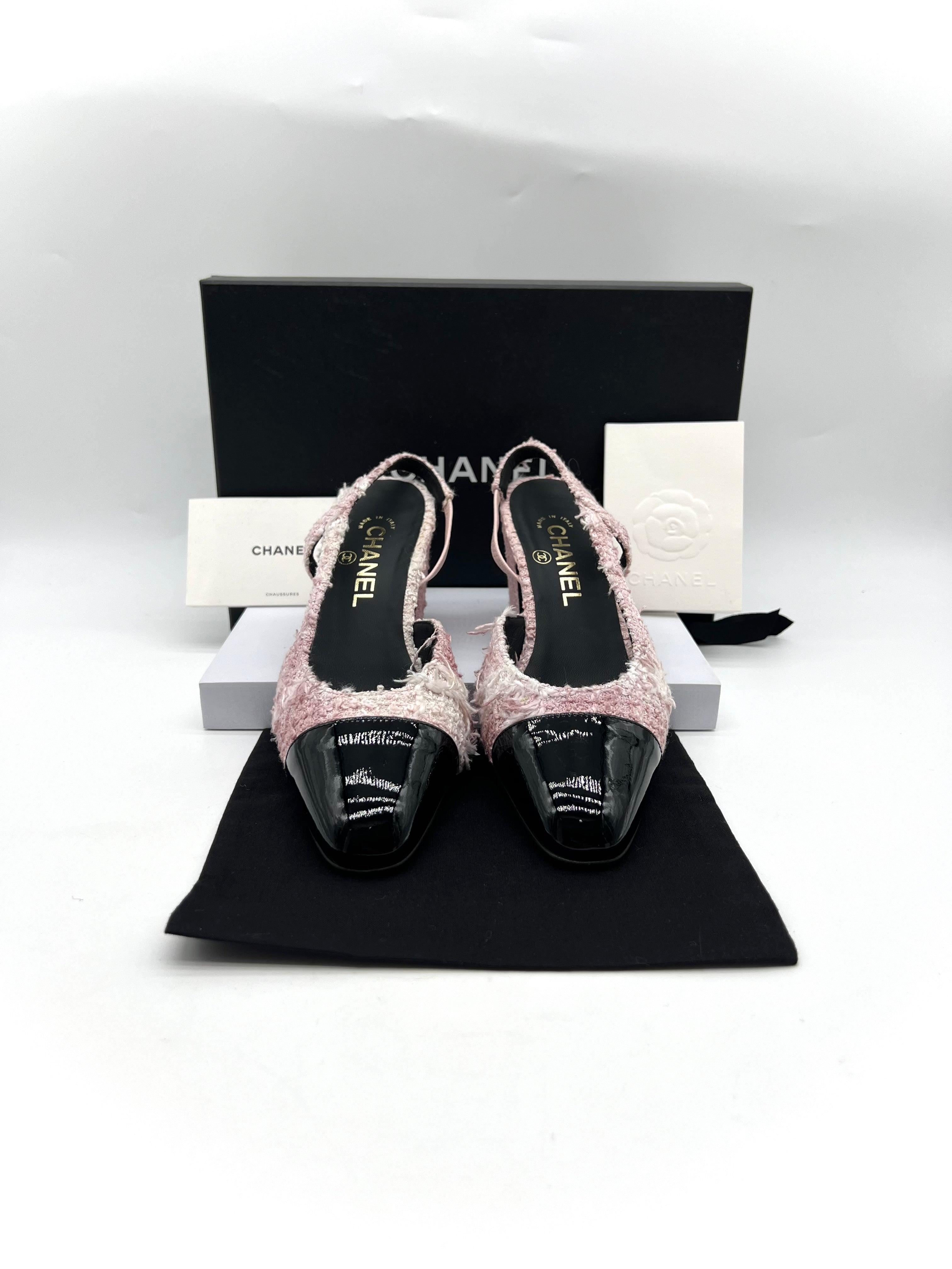 Tweed Grosgrain Cap Toe CC Slingback Pumps 37 Pink Black - Reeluxs 