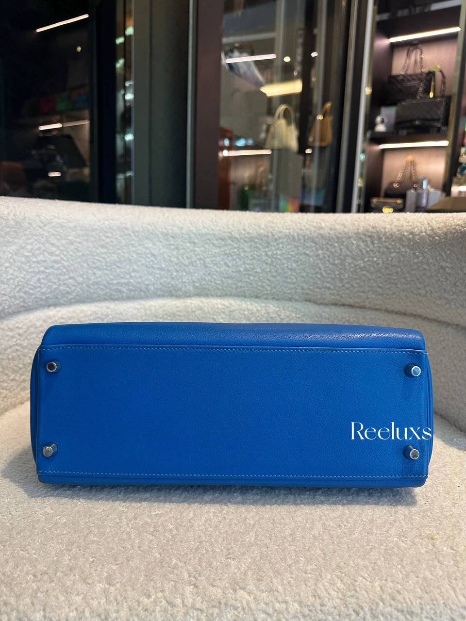 HERMES Kelly Handbag Blue Evercolor 32 With Palladium Hardware