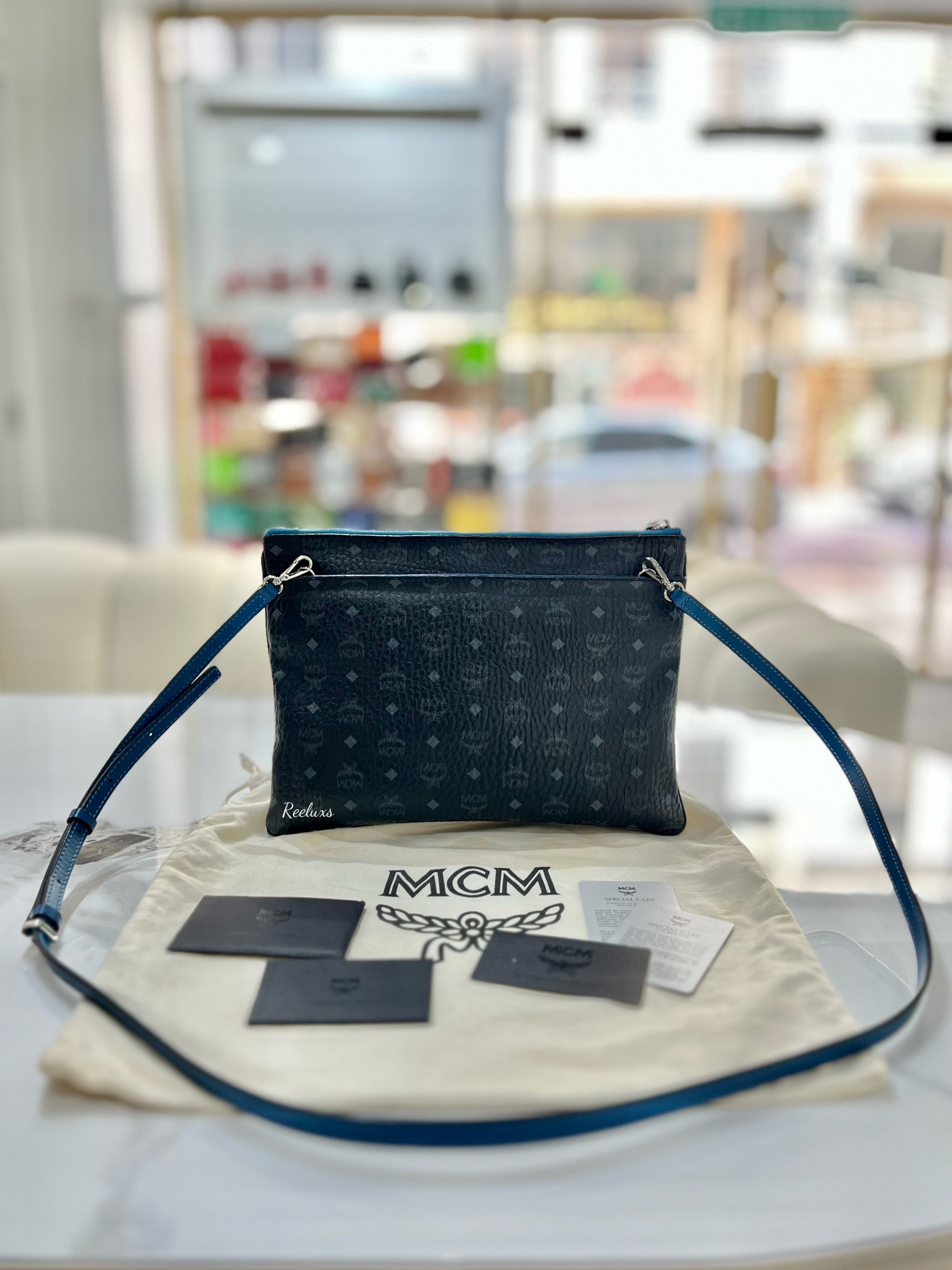 MCM Visetos Crossbody Pouch Black Blue Bag