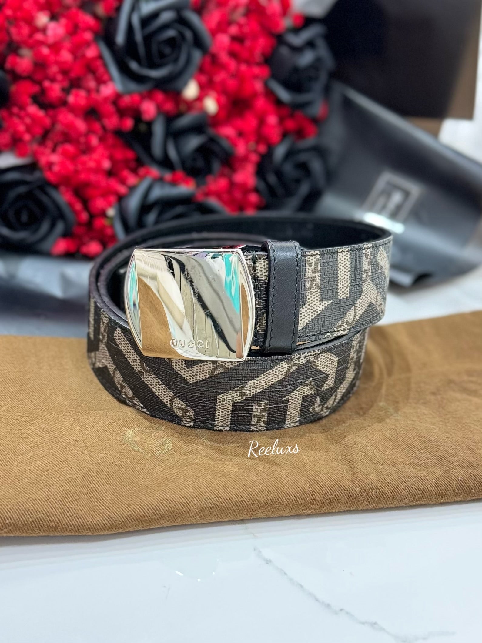 GUCCI Plate Buckle Belt Caleido Print GG Coated Canvas Wide Brown