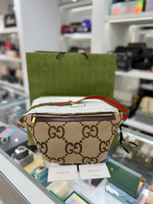 Full Set GUCCI Jumbo GG Belt Bag in Camel and Ebony Canvas