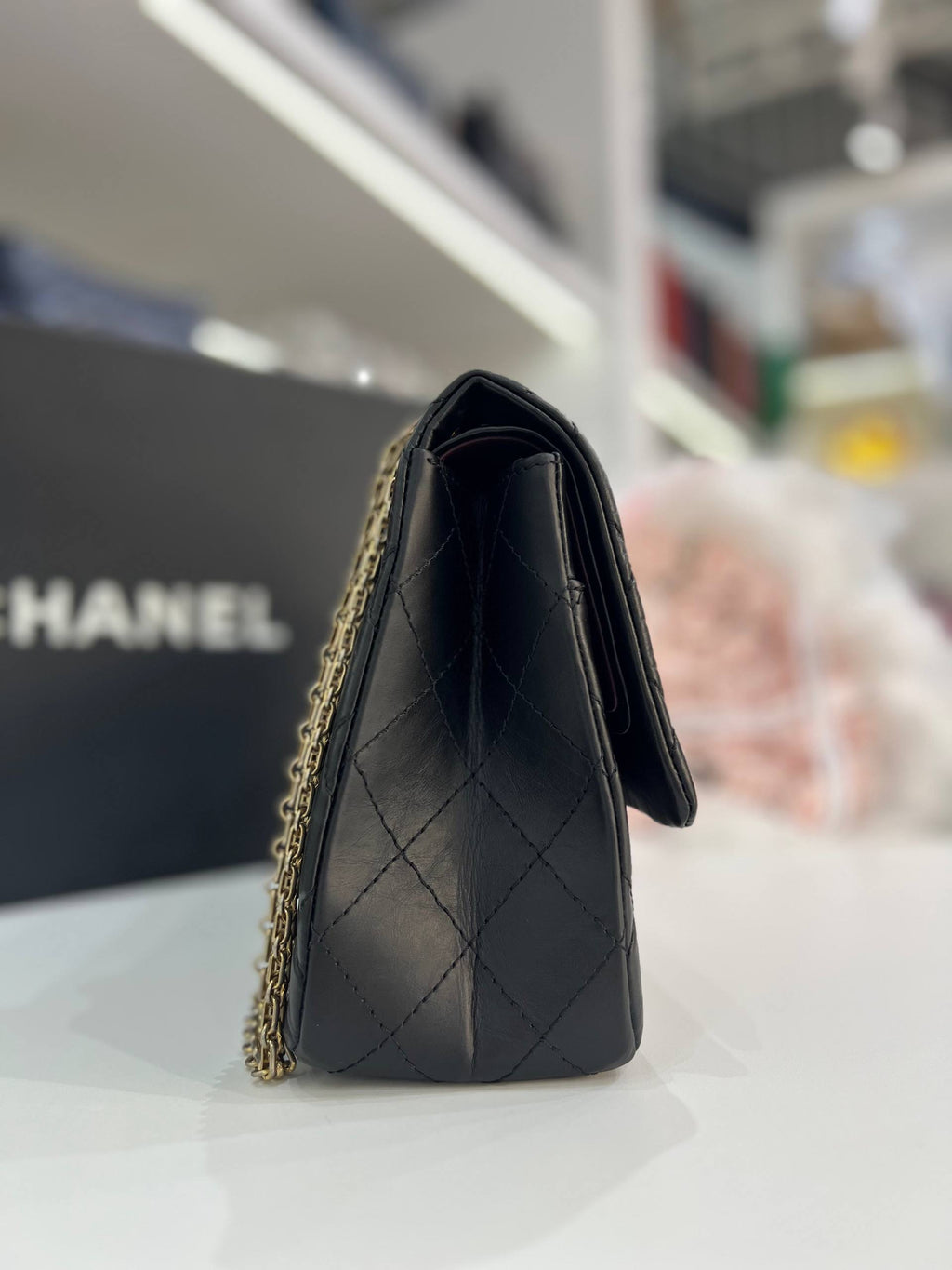 CHANEL 2.55 Reissue Double Flap Bag In Black Aged Calfskin