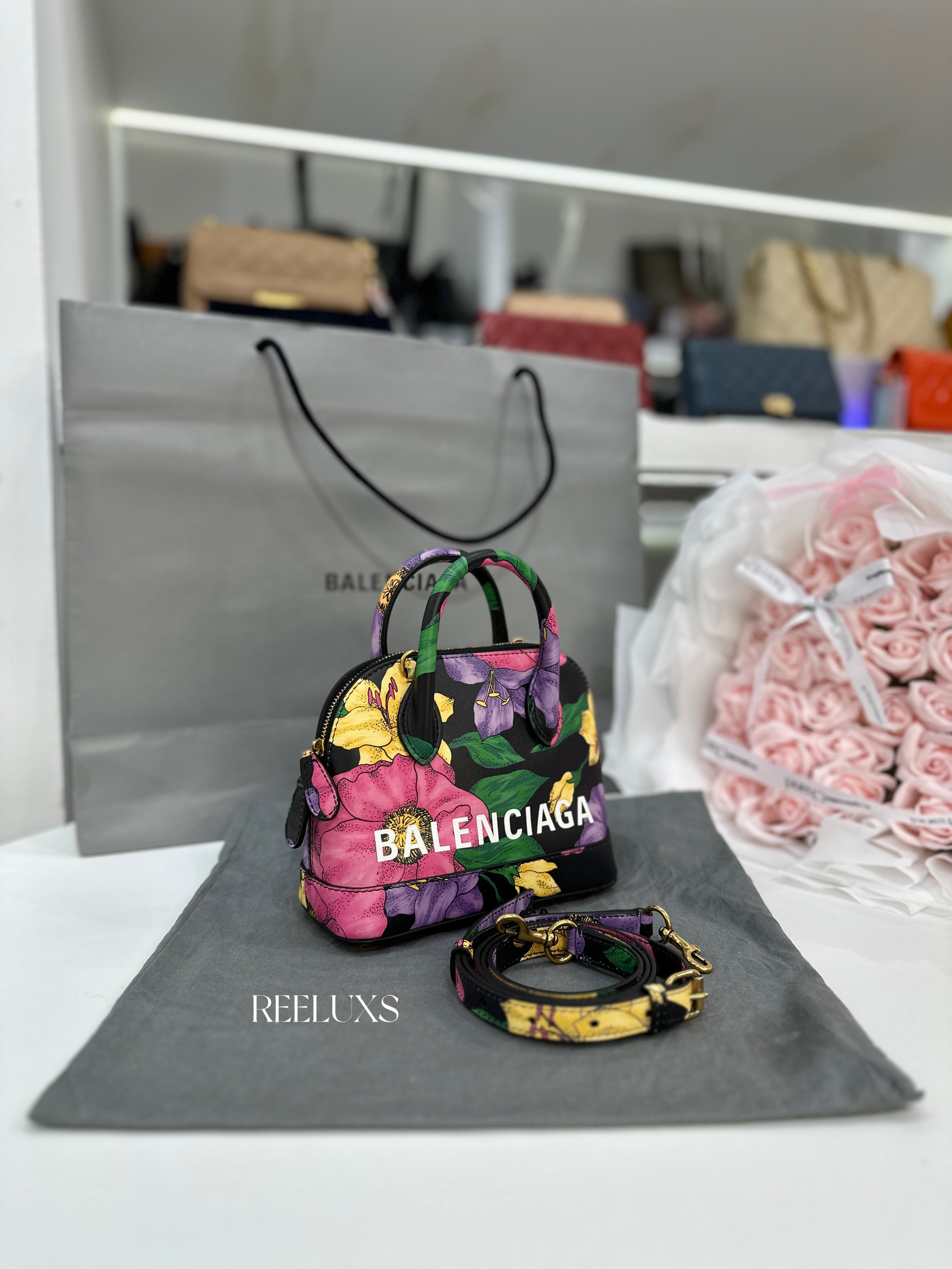 Balenciaga Ville  Multi-Color Lush Floral Print Top Handle Bag