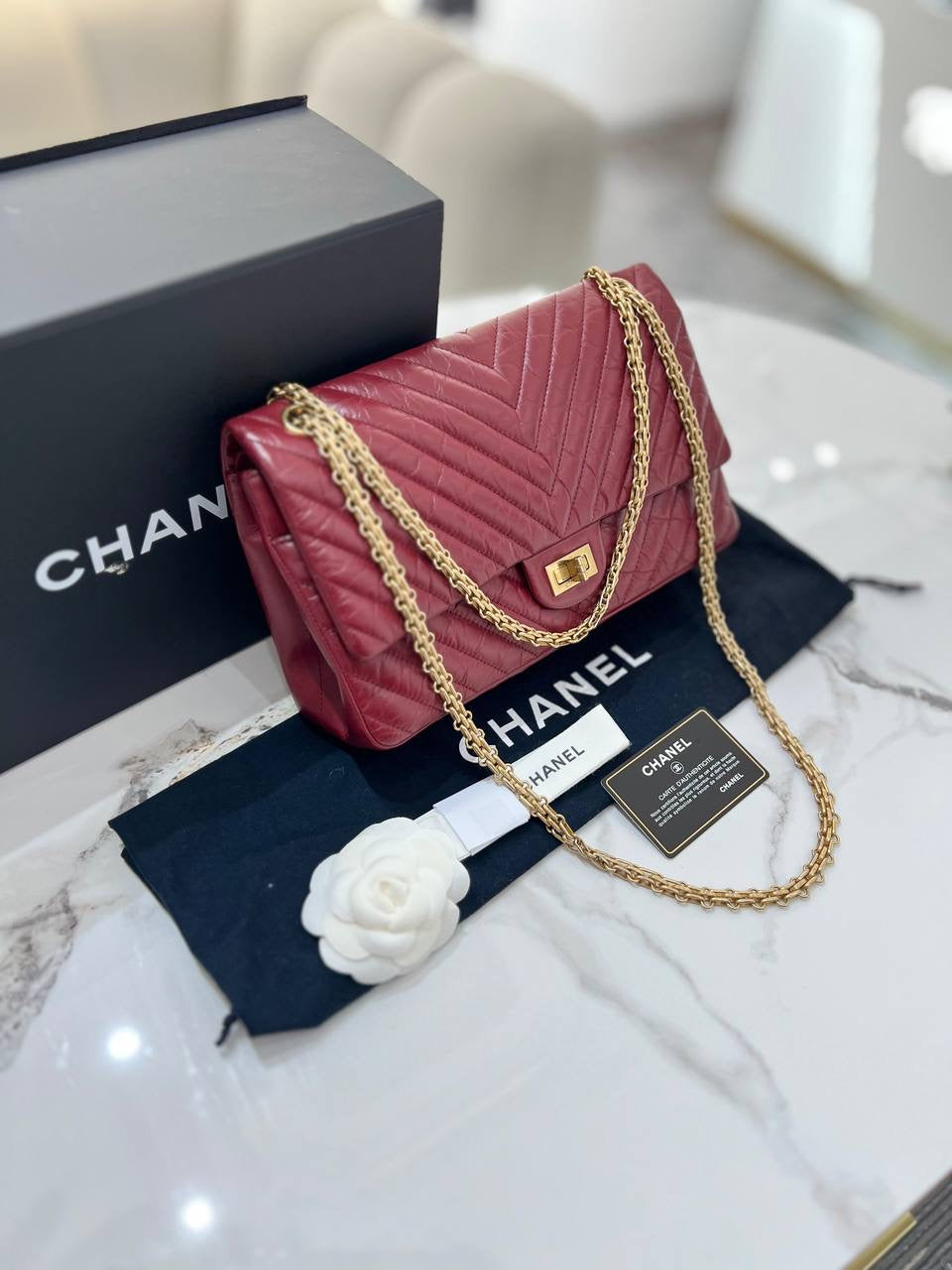 FULL SET CHANEL Chevron Reissue 255 Red Calfskin Double Flap Shoulder Bag GHW