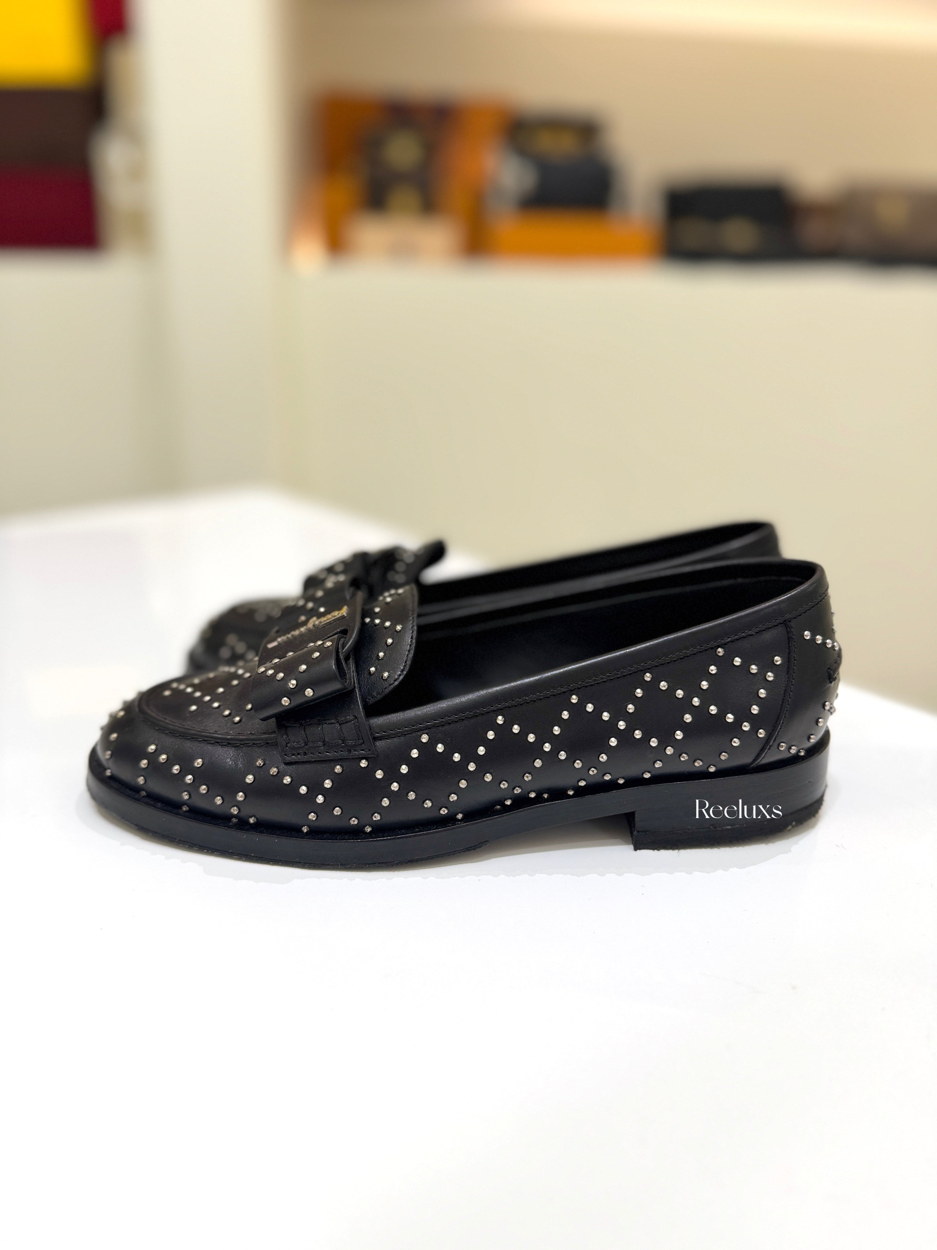 FERRAGAMO Viva Studded Loafers in Black Calf Leather