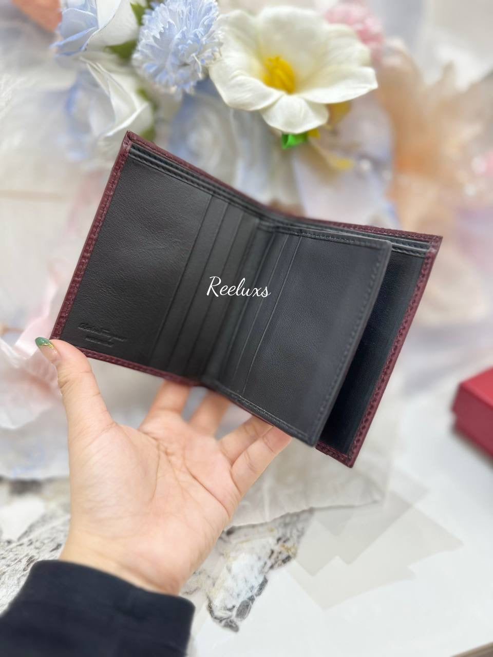 SALVATORE FERRAGAMO Embossed Gancini Wine Leather Bifold Wallet